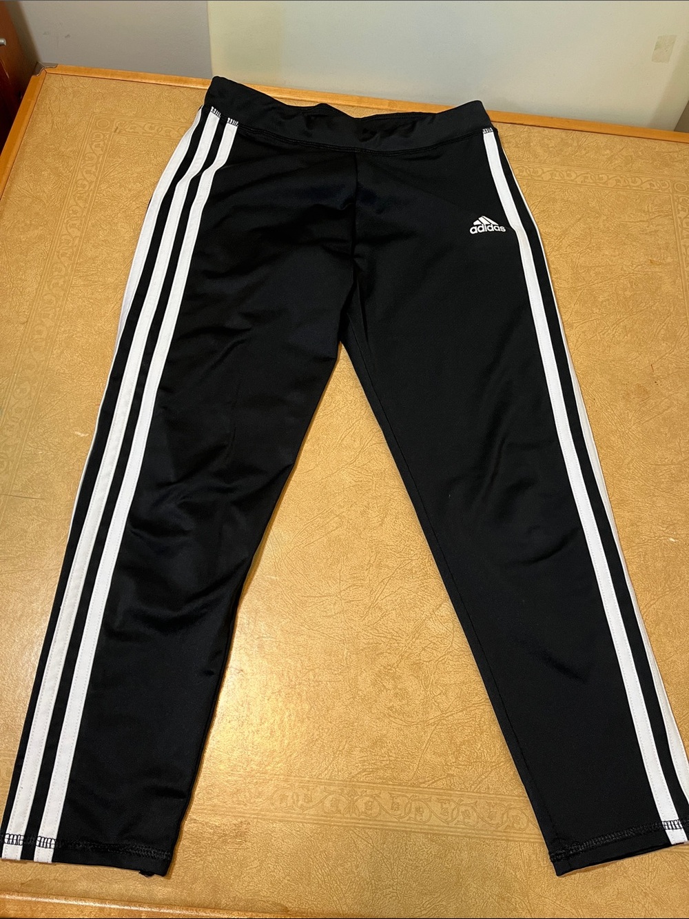 adidas Black Track Leggings/Joggers with White Three-Stripes, kids large